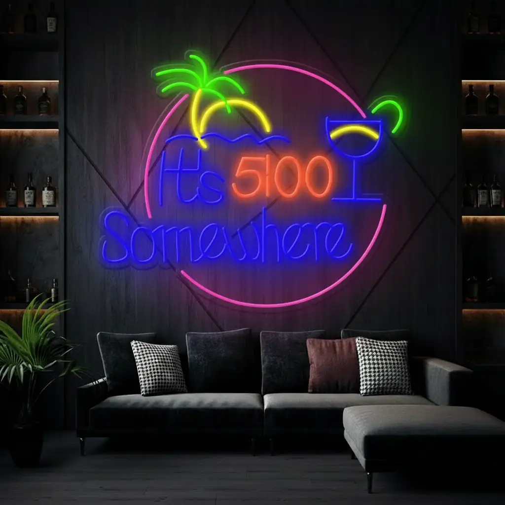 Round It's 5:00 Somewhere neon sign with palm tree and cocktail above a gray sofa