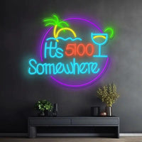 Round It's 5:00 Somewhere neon sign with palm tree and cocktail, color option 3 with teal lettering and purple circle