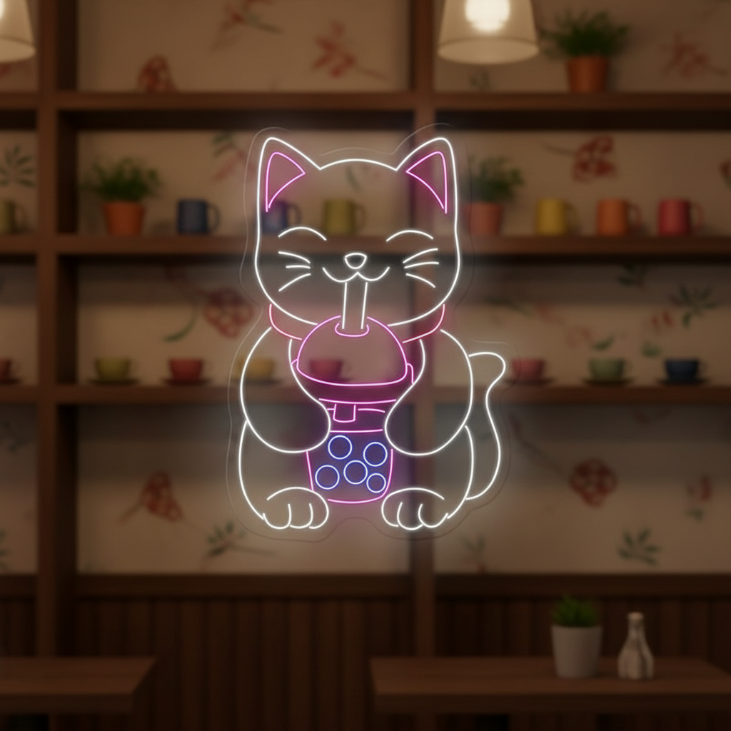 Cat Drinking Boba Tea Neon Sign Shop Decor Neon Sign - VN03 - Customneonstudio