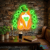 Patrick's Day Cute Cat with Lucky Four Leaf Clover Led Neon Acrylic Artwork