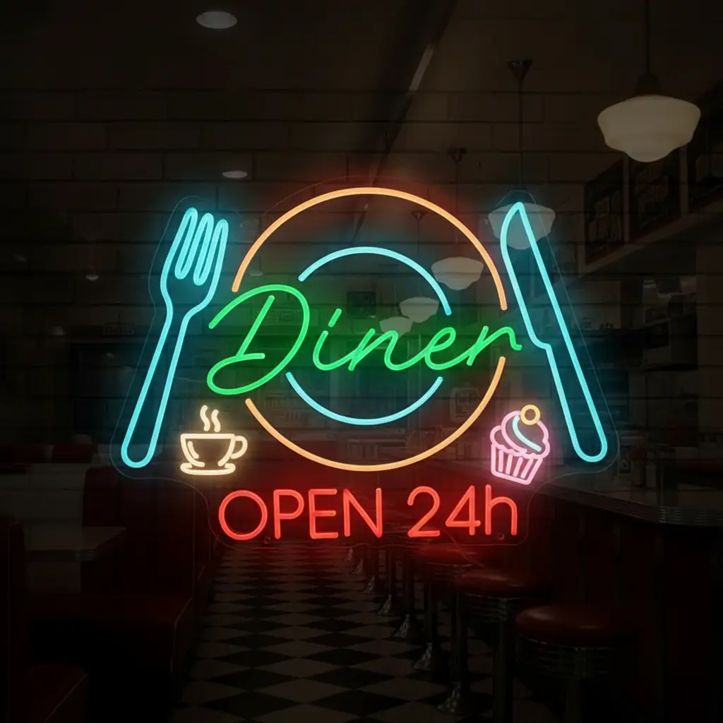 Restaurant Neon Sign Dinner 24h Open Neon Sign