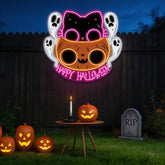 🐾 Cute Halloween Cat & Ghosts LED Neon Sign – Happy Halloween Light