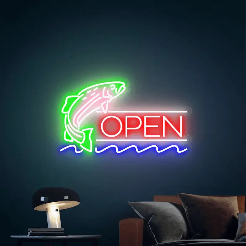 Fish Open neon sign with jumping fish, color option 3 with a green fish