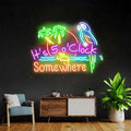 It's 5 O'Clock Somewhere neon sign with palm trees and parrot, color option 1 with orange lettering
