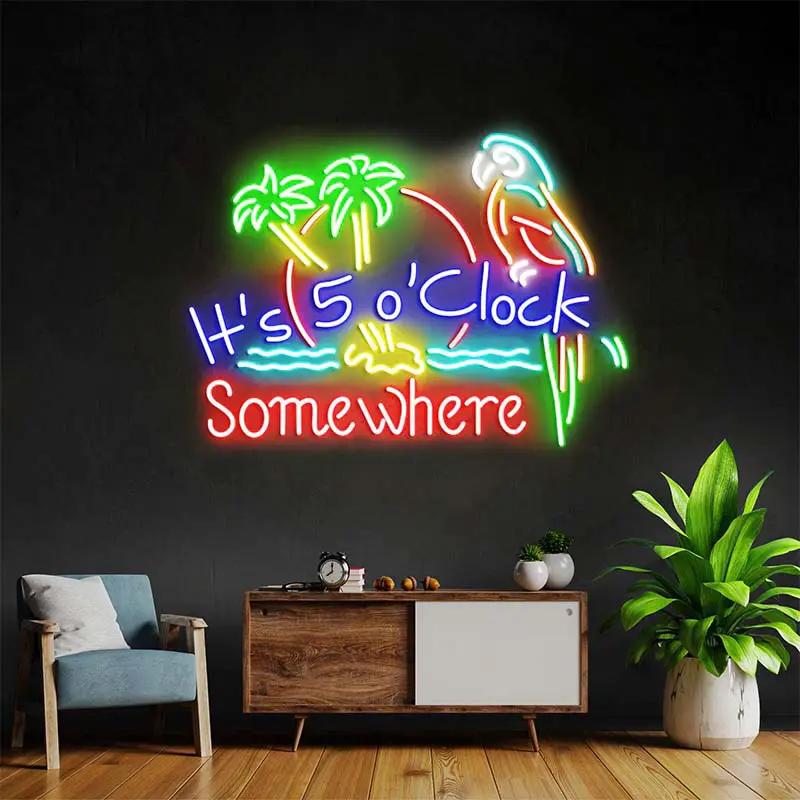 It's 5 O'Clock Somewhere neon sign with palm trees and parrot, color option 3 with red lettering
