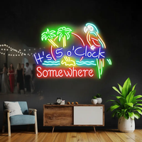 It's 5 O'Clock Somewhere neon sign with palm trees and parrot with red lettering above a wooden sideboard