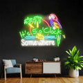 It's 5 O'Clock Somewhere neon sign with palm trees and parrot, color option 5 with white lettering