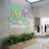 It's 5 O'Clock Somewhere neon sign with palm trees and parrot on a gray wall in a bright room