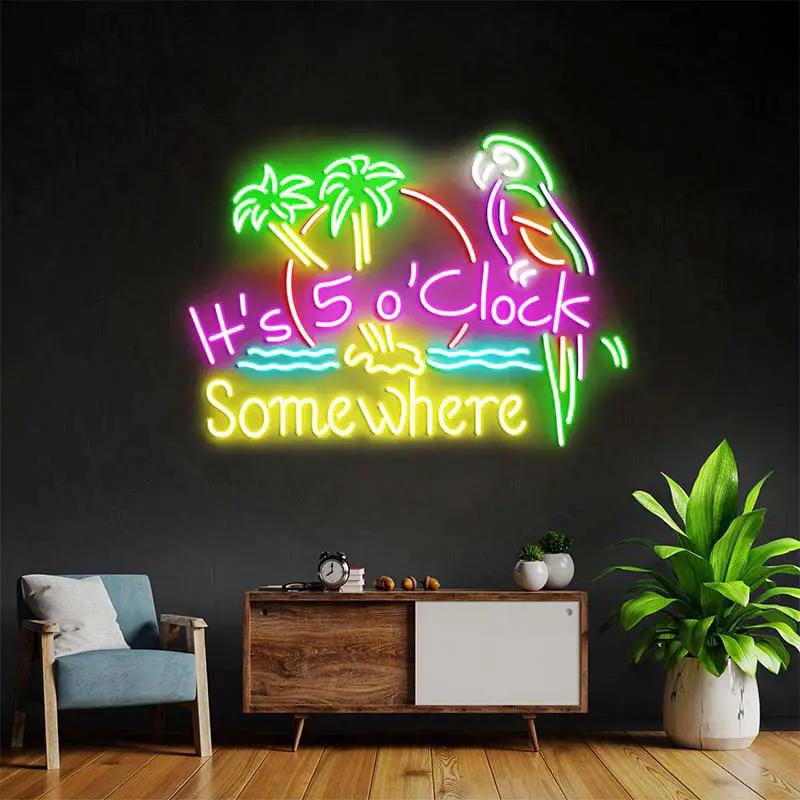 It's 5 O'Clock Somewhere neon sign with palm trees and parrot, color option 4 with yellow lettering