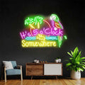 It's 5 O'Clock Somewhere neon sign with palm trees and parrot, color option 4 with yellow lettering