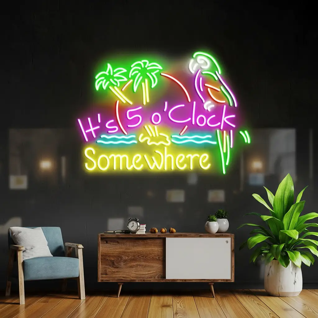 It's 5 O'Clock Somewhere neon sign with palm trees and parrot with yellow lettering above a wooden sideboard