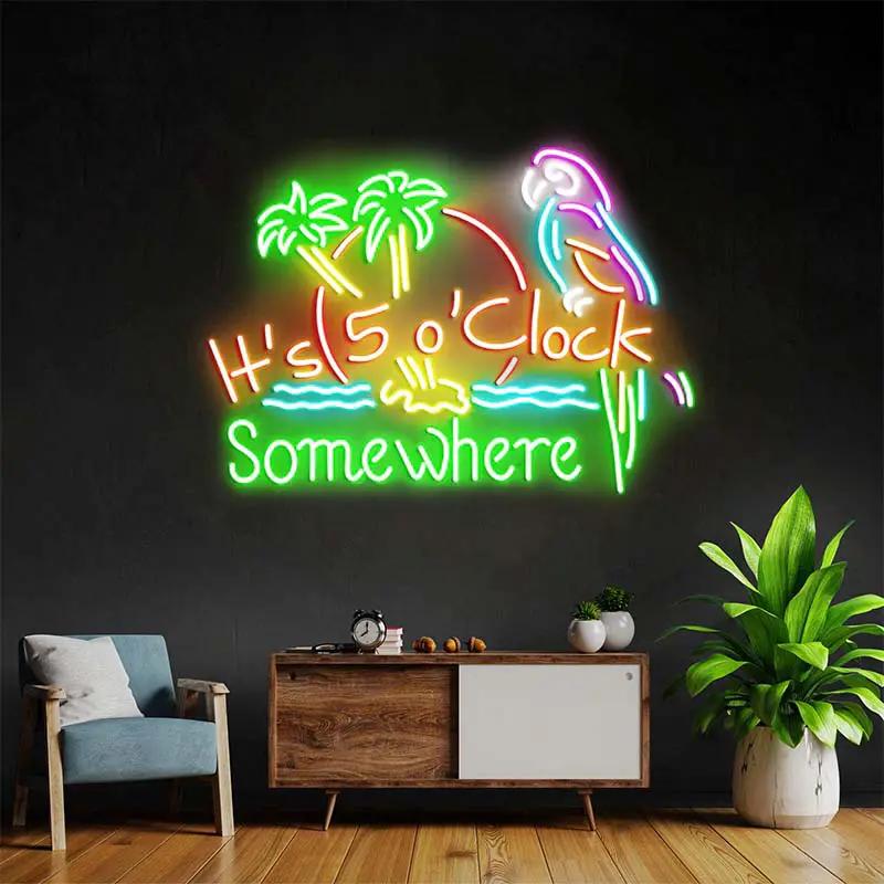 It's 5 O'Clock Somewhere neon sign with palm trees and parrot, color option 2 with green lettering