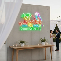 It's 5 O'Clock Somewhere neon sign with palm trees and parrot on a white wall above a wood console table