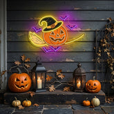 Halloween Witch Pumpkin Neon Sign – Spooky Jack-o’-Lantern LED Wall Light with Bats & Broomstick