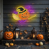 Halloween Witch Pumpkin Neon Sign – Spooky Jack-o’-Lantern LED Wall Light with Bats & Broomstick
