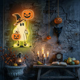 Halloween Ghost Neon Sign – Cute Spooky LED Wall Light with Pumpkin Balloon & Candy Bucket