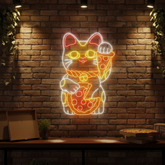 Lucky Cat Eating Pizza Neon Sign Restaurant Wall Decor
