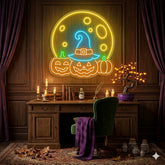 Halloween Pumpkin Moon Neon Sign – Spooky LED Wall Light with Witch Hat & Jack-o’-Lanterns