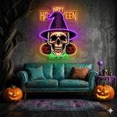 Halloween Skull Witch Neon Sign – Spooky LED Wall Light with Pumpkins for Haunted Decor