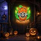 Halloween Skull Pumpkin Neon Sign – Spooky Jack-o’-Lantern LED Wall Light with Bones for Haunted Decor