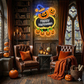 Happy Halloween Pumpkin Neon Sign – LED Wall Light with Witch Hat & Jack-o’-Lanterns for Spooky Decor