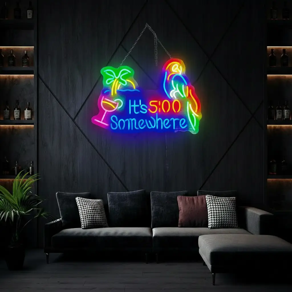 It's 5:00 Somewhere neon sign with palm tree, cocktail and parrot on a dark paneled wall above a gray sectional