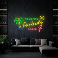 Custom name Poolside Oasis neon sign with palm tree and sun, shown with the name The Michaels