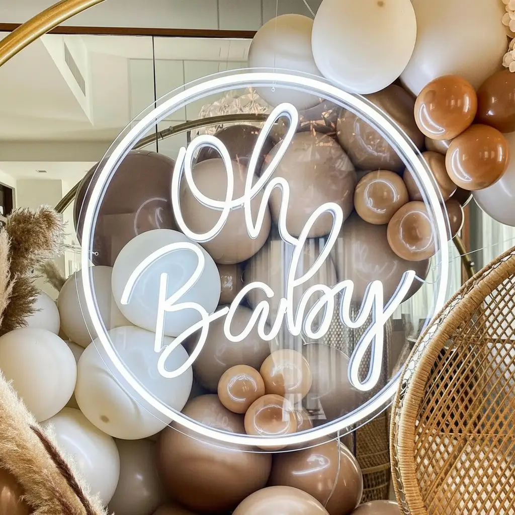 Round Oh Baby Neon Sign for Baby Shower Birthday Party Decor