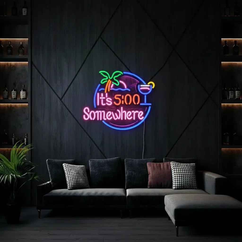 Small round It's 5:00 Somewhere neon sign above a gray sofa
