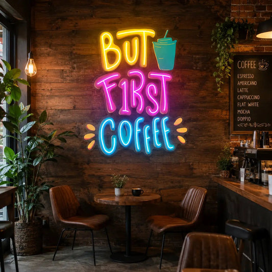 But First Coffee neon sign in yellow, pink and blue on a brick wall in a cozy cafe