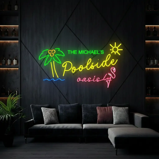 Custom neon name sign with a multicolor Poolside Oasis design, palm trees and a personalized name line on a dark wall