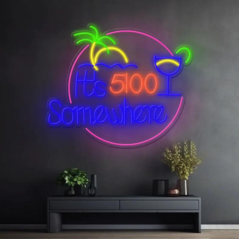 Round It's 5:00 Somewhere neon sign with palm tree and cocktail, color option 1 with blue lettering and pink circle