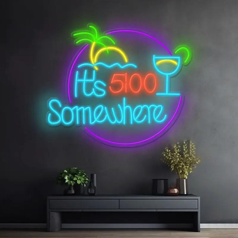 Round It's 5:00 Somewhere neon sign with palm tree and cocktail, color option 3 with teal lettering and purple circle