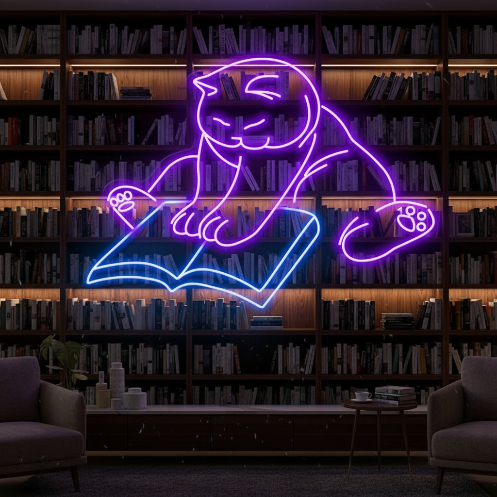 Cat Reading Led Neon Sign Wall Decor Art