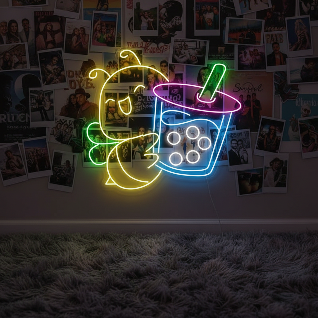 Bee Drinking Boba Tea Neon Sign
