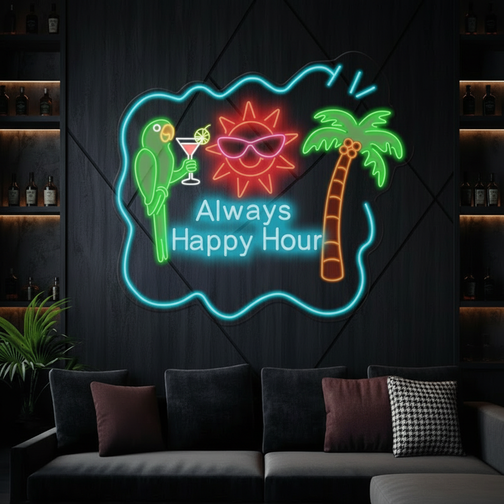 Always Happy Hour Palm Tree Led Neon Sign Tiki Bar Neon Sign