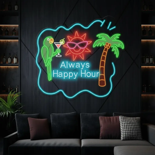 Always Happy Hour Palm Tree Led Neon Sign Tiki Bar Neon Sign