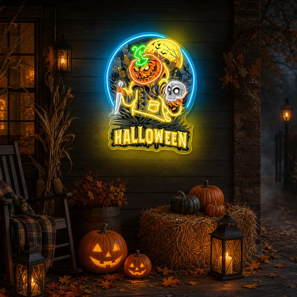 Haunting Halloween Pumpkin Neon Sign – Spooky Jack-O’-Lantern LED Wall Light for Home, Party & Bar Decor