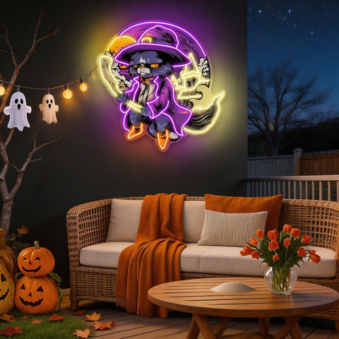 Witchy Black Cat Halloween Neon Sign – Spooky LED Wall Light for Home & Party Decor