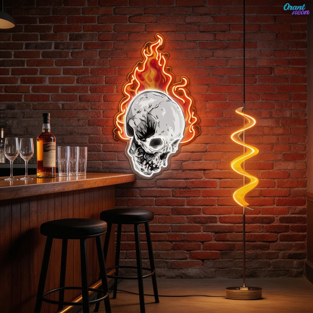 Infernal Glow: Skull & Fire Neon Sign Light Artwork