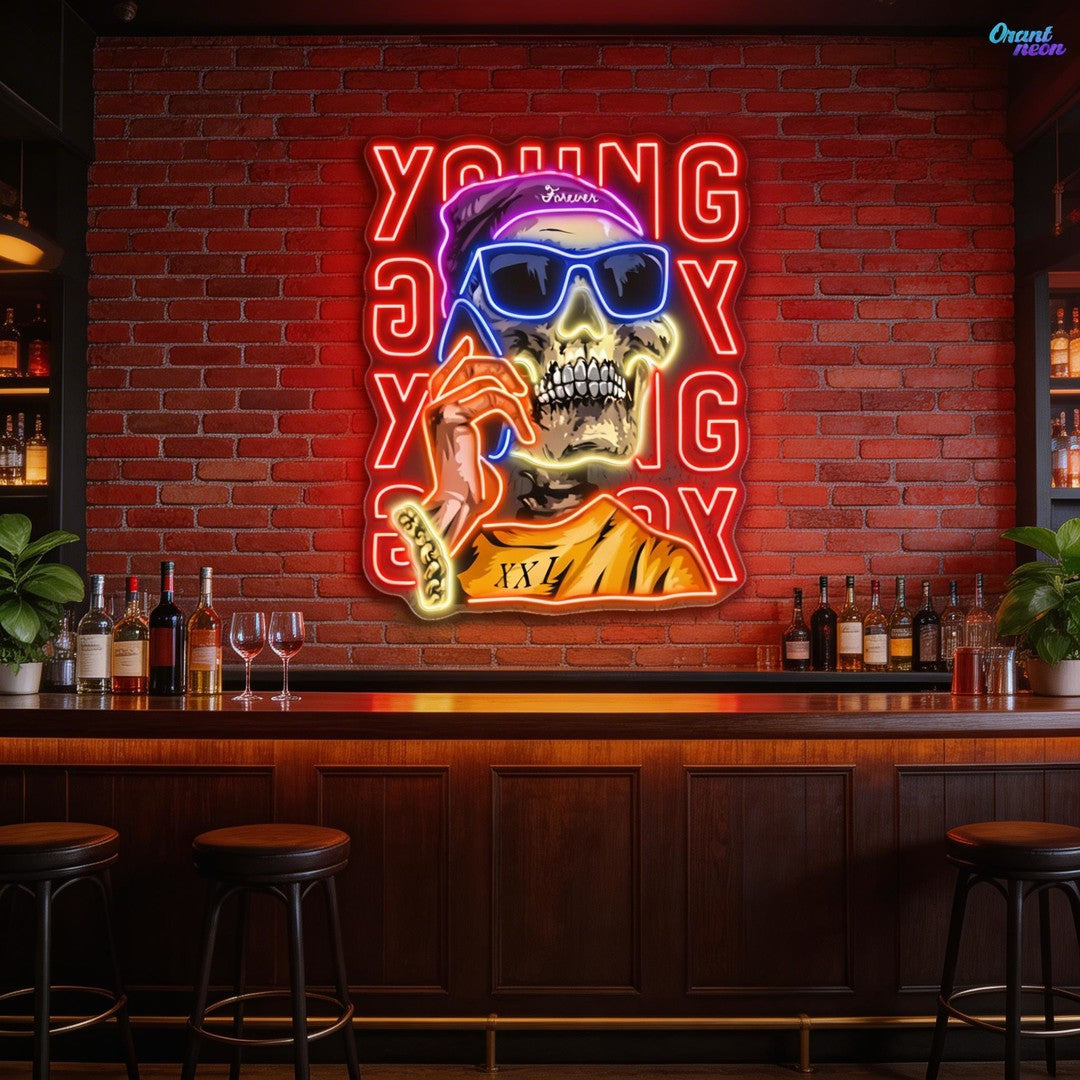 Young Skull Calling Phone Neon Sign Light Artwork