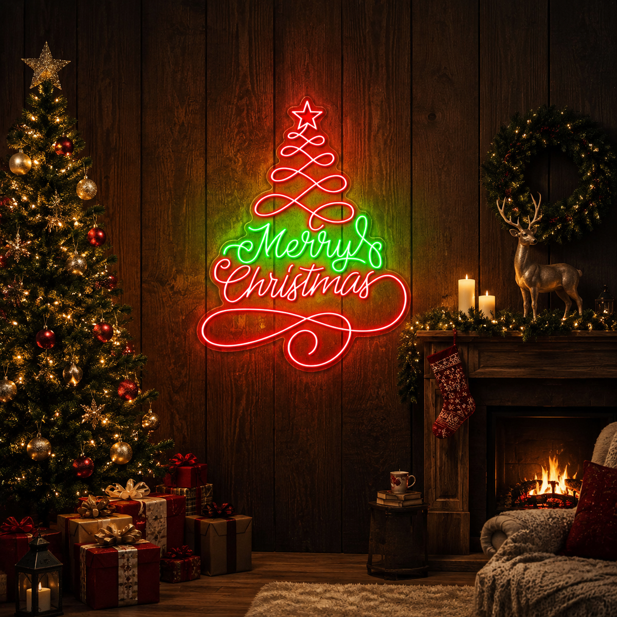 Santa's Glow: A Textual Christmas Tree Neon Sign Light Artwork