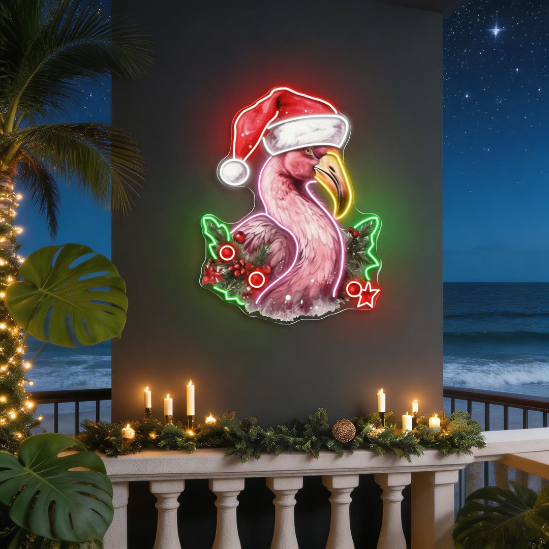Santa's Tropical Helpers: Flamingos in Hats Neon Light Artwork