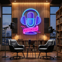 Custom Podcast LED Neon Sign artwork with Microphone and Headphones