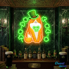 Patrick's Day Cute Cat with Lucky Four Leaf Clover Led Neon Acrylic Artwork