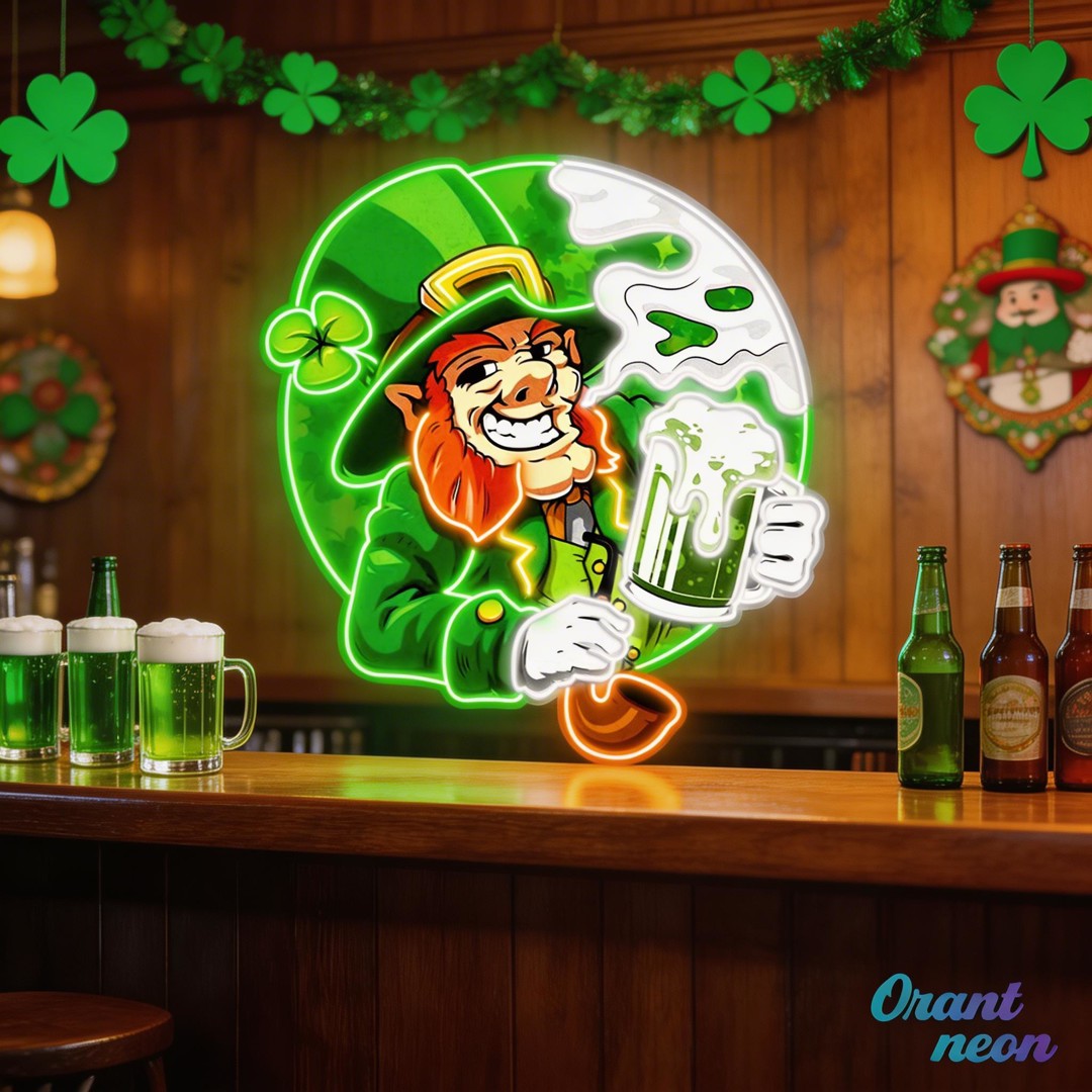Patrick's Day Goblin Drinking Beer And Smoking Led Neon Acrylic Artwork