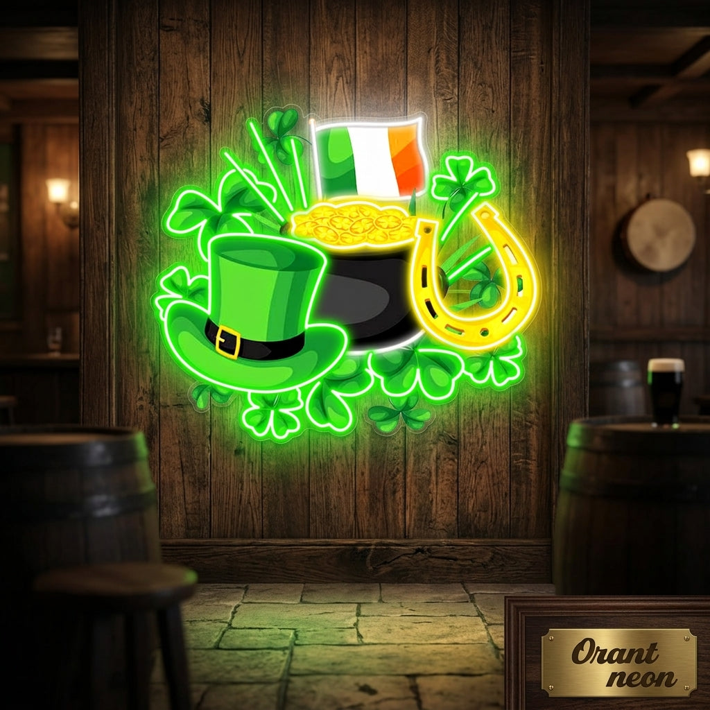 Patrick's Day With Hat Flag And Money Led Neon Acrylic Artwork