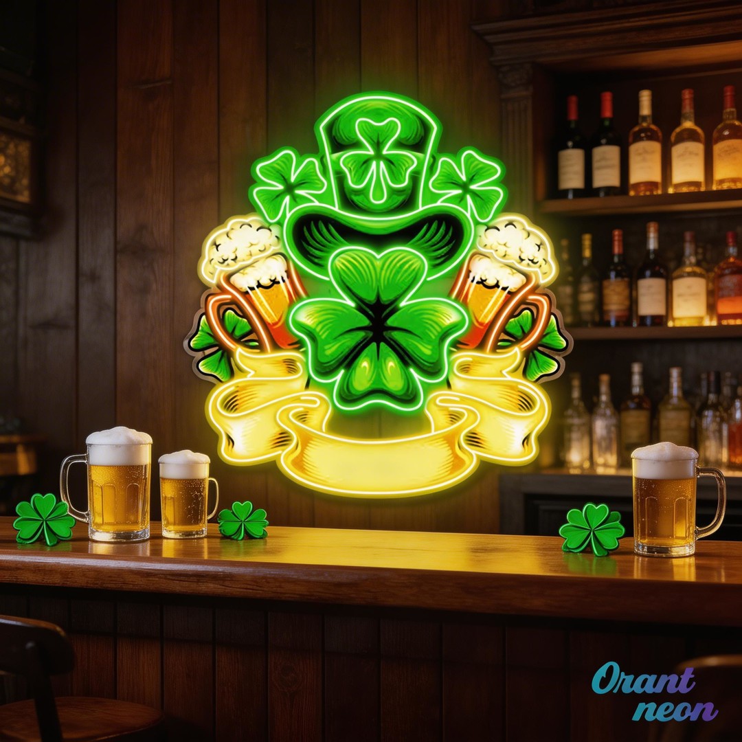 Patrick's Day Hat, Beer And Lucky Leaf Clover Led Neon Acrylic Artwork