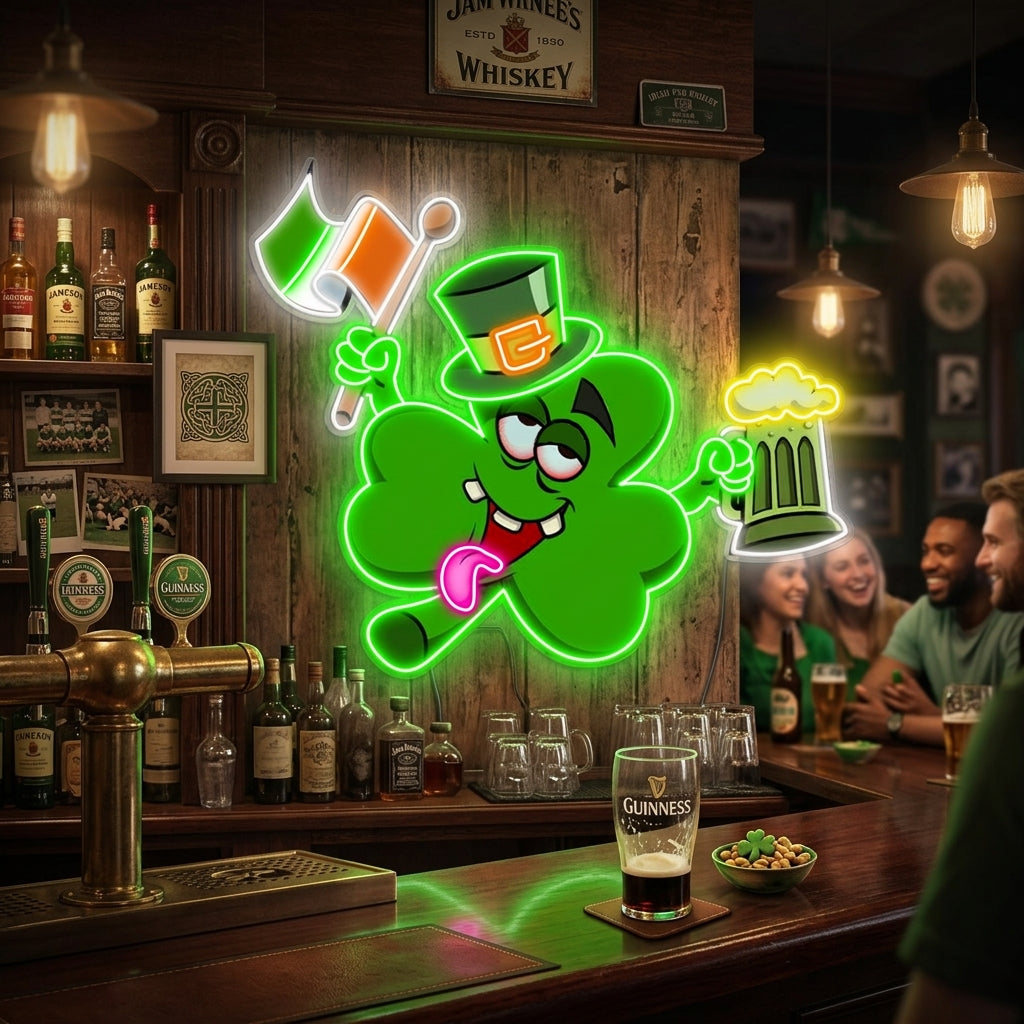 Patrick's Day Drunken Clover with Flag and Beer Led Neon Acrylic Artwork