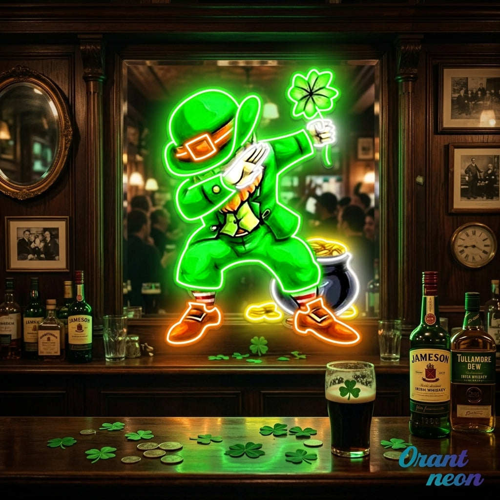 Patrick's Day Goblin Do A Dab and Hold A Four Leaf Clover Led Neon Acrylic Artwork